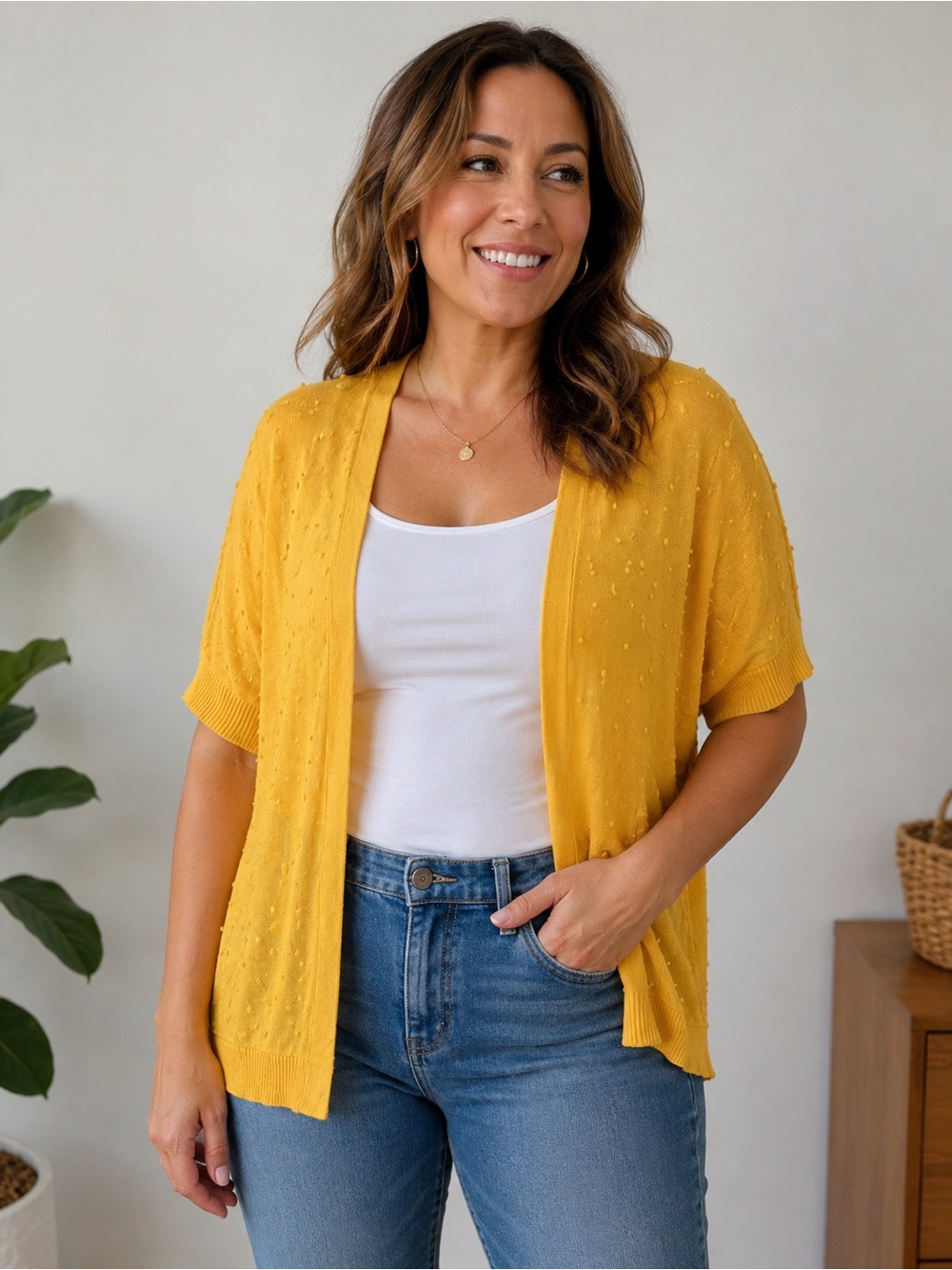 A New Day Mustard Popcorn Knit Open Front Cardigan S